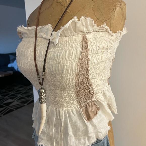 Anthropologie smocked top sz m, raw hem detail, cream and tan cotton linen blend - Picture 5 of 6